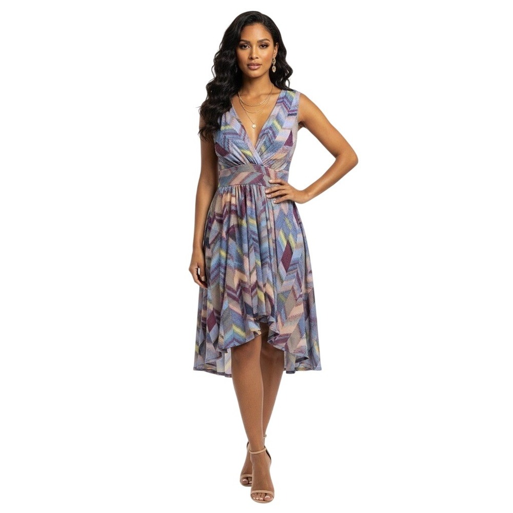 BCBGMAXAZRIA Women's XS Chevron Print V Neck Sleeveless Hi Low Dress